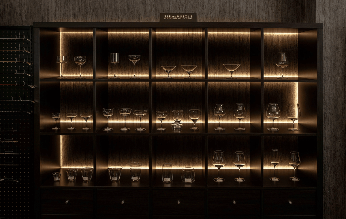 BAR TIMES STORE Asakusa showroom displaying SIP AND GUZZLE glassware