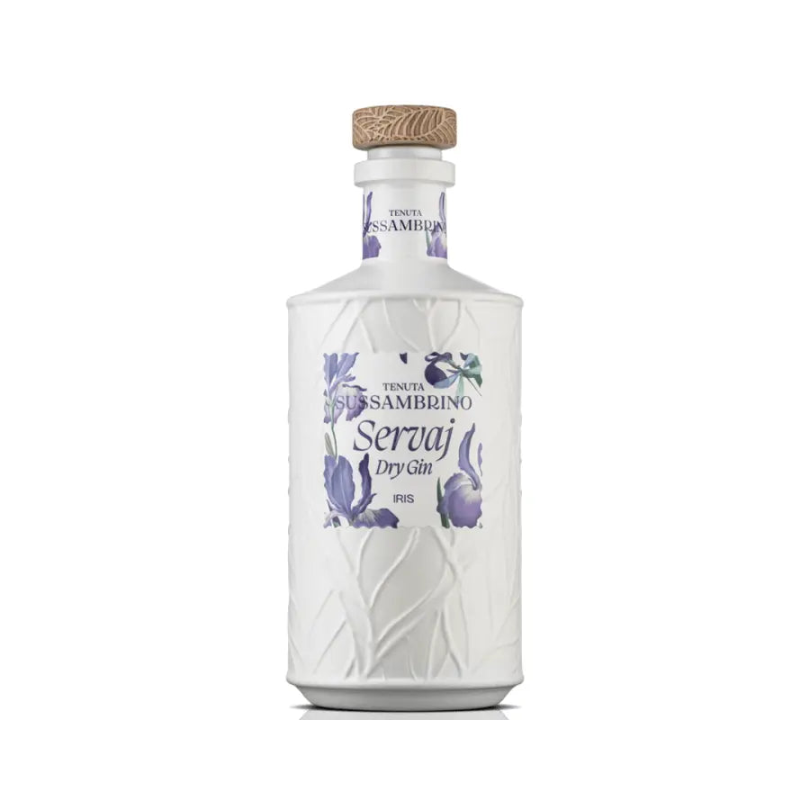 SERVAJ DRY GIN · IRIS 酒瓶,白色背景