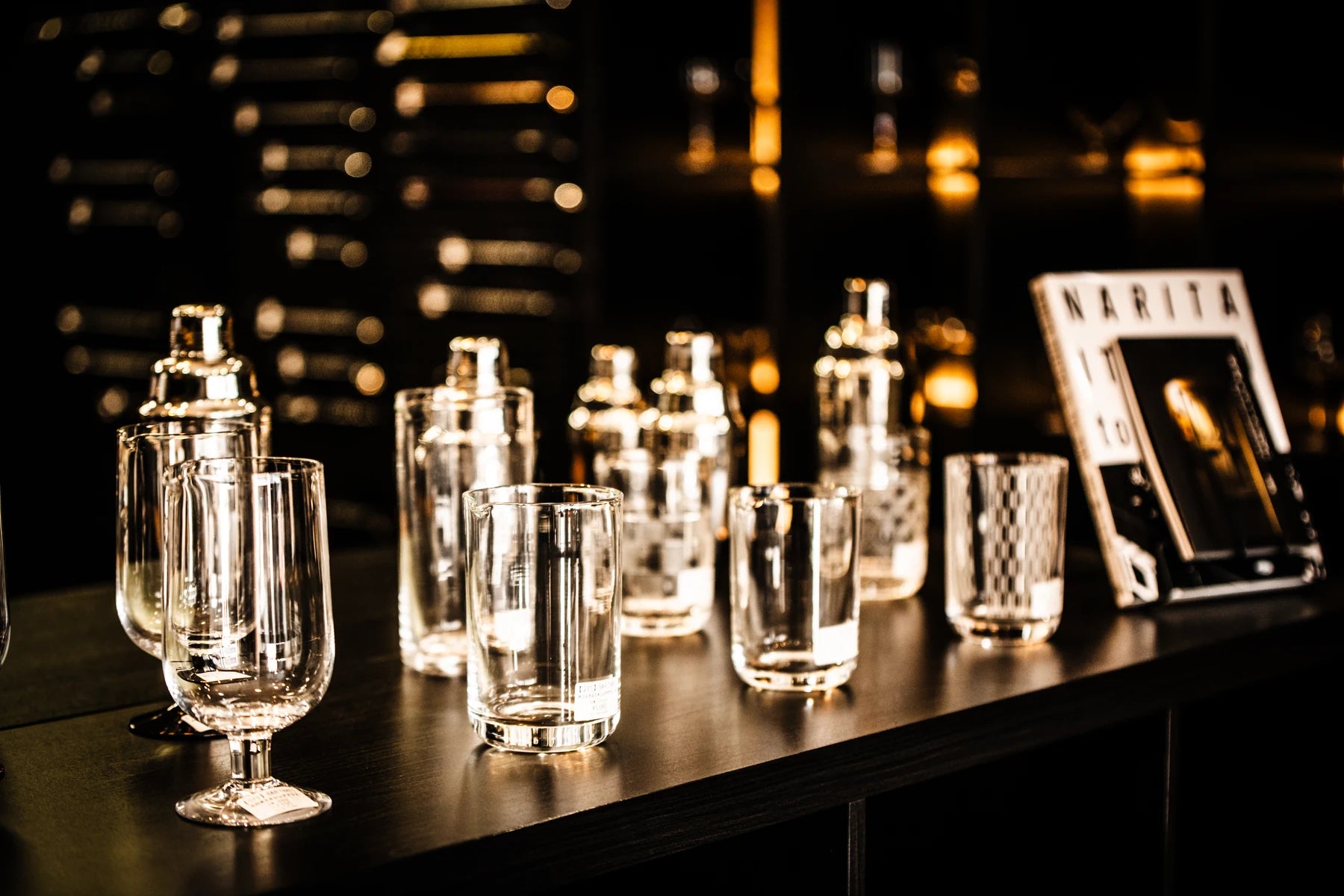 Mixing glasses and bar tools in different shapes and sizes on display