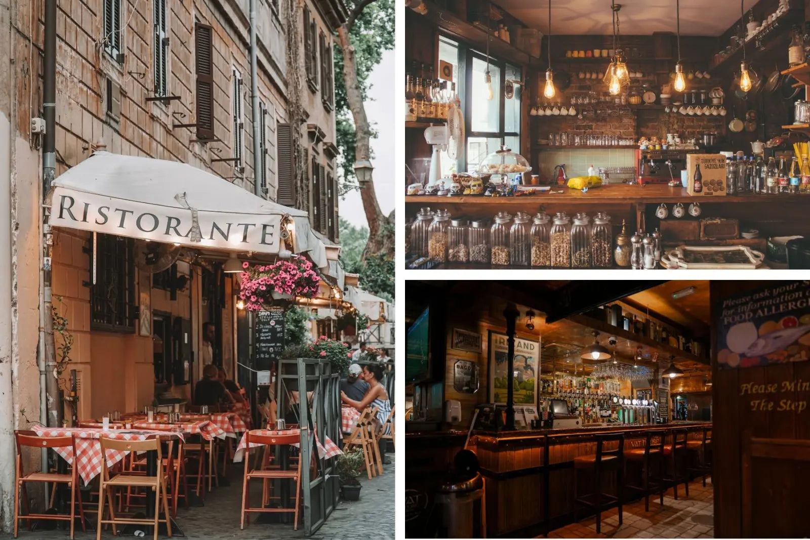 A three-photo collage showing a restaurant exterior and two bar interiors.